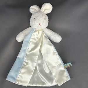 Bunnies by the Bay white Bunny Bud Buddy Security Blanket Lovey Blue Satin Trim